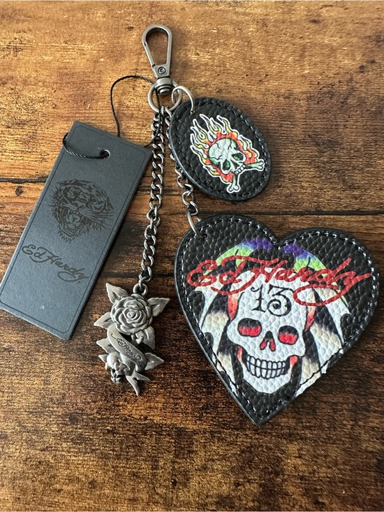Ed Hardy Accessories - Ed Hardy Black Skull Keychain Bag Charm w/ Faux Leather Heart Metal Flower NWT